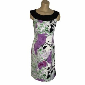 AGB Sheath Dress Contrasting Black Boat Neckline Abstract Purple Floral Size 8